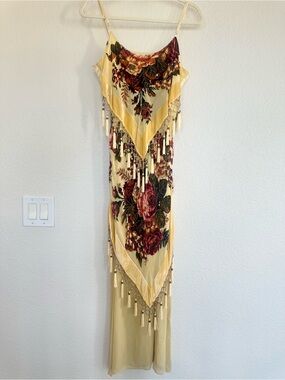 Silk Velour Floral Hand Beaded Fringe Maxi Dress